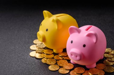 Piggy Bank madeni bir kavramsal arka plan olarak madeni paralar, iş yapmak, para biriktirmek, vergi ödemek ve borçları ödemek