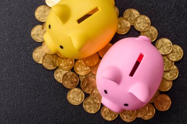 Piggy Bank madeni bir kavramsal arka plan olarak madeni paralar, iş yapmak, para biriktirmek, vergi ödemek ve borçları ödemek