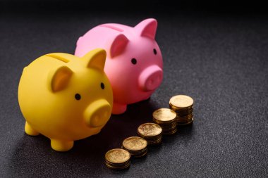 Piggy Bank madeni bir kavramsal arka plan olarak madeni paralar, iş yapmak, para biriktirmek, vergi ödemek ve borçları ödemek