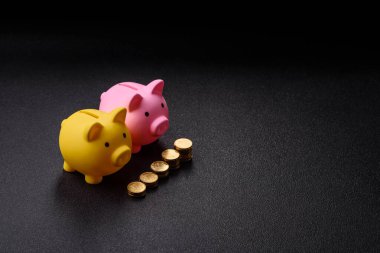 Piggy Bank madeni bir kavramsal arka plan olarak madeni paralar, iş yapmak, para biriktirmek, vergi ödemek ve borçları ödemek
