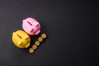 Piggy Bank madeni bir kavramsal arka plan olarak madeni paralar, iş yapmak, para biriktirmek, vergi ödemek ve borçları ödemek