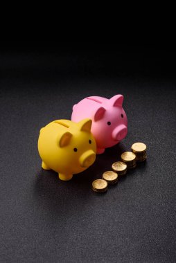 Piggy Bank madeni bir kavramsal arka plan olarak madeni paralar, iş yapmak, para biriktirmek, vergi ödemek ve borçları ödemek