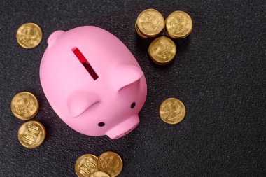 Piggy Bank madeni bir kavramsal arka plan olarak madeni paralar, iş yapmak, para biriktirmek, vergi ödemek ve borçları ödemek