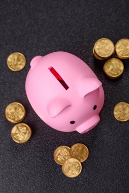 Piggy Bank madeni bir kavramsal arka plan olarak madeni paralar, iş yapmak, para biriktirmek, vergi ödemek ve borçları ödemek