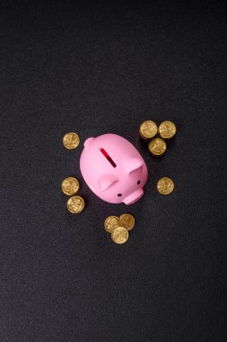 Piggy Bank madeni bir kavramsal arka plan olarak madeni paralar, iş yapmak, para biriktirmek, vergi ödemek ve borçları ödemek