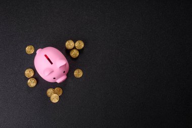 Piggy Bank madeni bir kavramsal arka plan olarak madeni paralar, iş yapmak, para biriktirmek, vergi ödemek ve borçları ödemek