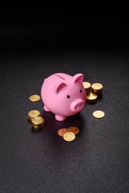 Piggy Bank madeni bir kavramsal arka plan olarak madeni paralar, iş yapmak, para biriktirmek, vergi ödemek ve borçları ödemek