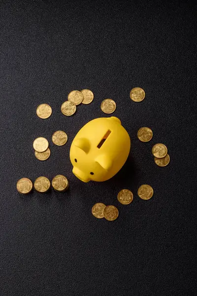 Piggy Bank madeni bir kavramsal arka plan olarak madeni paralar, iş yapmak, para biriktirmek, vergi ödemek ve borçları ödemek