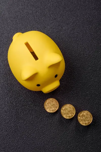 Piggy Bank madeni bir kavramsal arka plan olarak madeni paralar, iş yapmak, para biriktirmek, vergi ödemek ve borçları ödemek