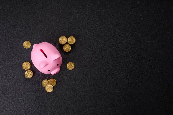 Piggy Bank madeni bir kavramsal arka plan olarak madeni paralar, iş yapmak, para biriktirmek, vergi ödemek ve borçları ödemek