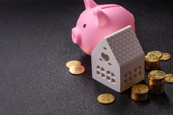 Piggy Bank madeni bir kavramsal arka plan olarak madeni paralar, iş yapmak, para biriktirmek, vergi ödemek ve borçları ödemek