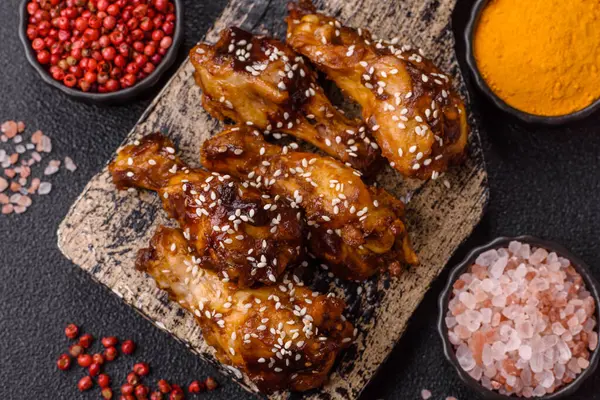 Teriyaki soslu ızgara tavuk kanadı. Sıcak baharatlı yemek, fast food.