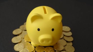 Piggy Bank madeni bir kavramsal arka plan olarak madeni paralar, iş yapmak, para biriktirmek, vergi ödemek ve borçları ödemek