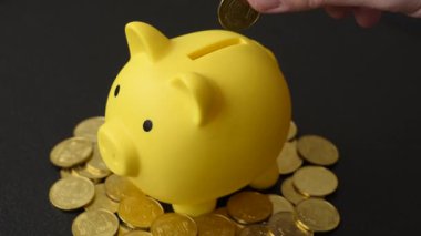 Piggy Bank madeni bir kavramsal arka plan olarak madeni paralar, iş yapmak, para biriktirmek, vergi ödemek ve borçları ödemek