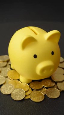 Piggy Bank madeni bir kavramsal arka plan olarak madeni paralar, iş yapmak, para biriktirmek, vergi ödemek ve borçları ödemek