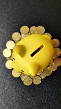 Piggy Bank madeni bir kavramsal arka plan olarak madeni paralar, iş yapmak, para biriktirmek, vergi ödemek ve borçları ödemek