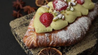 Kahvaltı için çikolatalı tatlı çilekli kruvasan. Fransız tatlısı, meyveli kruvasan.