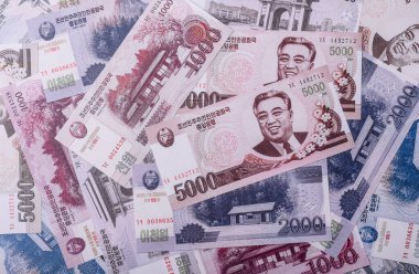 Kuzey Kore parası, kazandı, kağıt banknotlar. Finans ve iş dünyası için kavramsal altyapı