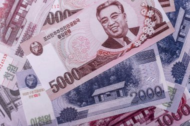 Kuzey Kore parası, kazandı, kağıt banknotlar. Finans ve iş dünyası için kavramsal altyapı
