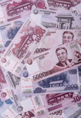 Kuzey Kore parası, kazandı, kağıt banknotlar. Finans ve iş dünyası için kavramsal altyapı