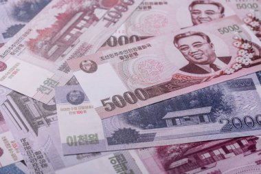 Kuzey Kore parası, kazandı, kağıt banknotlar. Finans ve iş dünyası için kavramsal altyapı