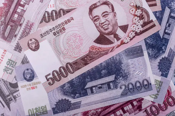 Kuzey Kore parası, kazandı, kağıt banknotlar. Finans ve iş dünyası için kavramsal altyapı