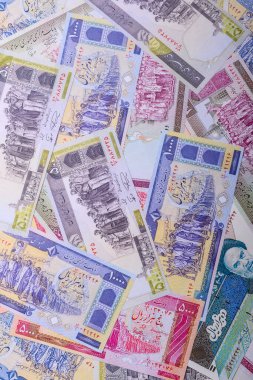 İran kağıt parası, banknotlar, iş ve finansal anlaşmalar için riyal para. Tasarımınız için İran para arkaplanı