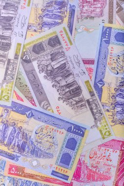 İran kağıt parası, banknotlar, iş ve finansal anlaşmalar için riyal para. Tasarımınız için İran para arkaplanı