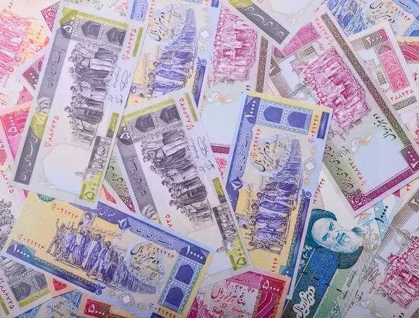 İran kağıt parası, banknotlar, iş ve finansal anlaşmalar için riyal para. Tasarımınız için İran para arkaplanı