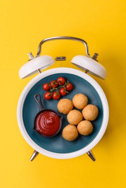 Peynirli toplar, kızarmış mozzarella kroketleri, soslu ekmek arası fast food. Çalar saat skorbordunda tabakla fast food yeme zamanı.