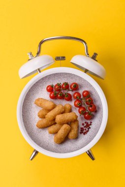 Peynir çubukları, kızarmış mozzarella, soslu fast food. Çalar saat skorbordunda tabakla fast food yeme zamanı.