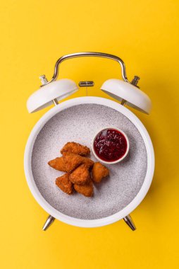 Tavuk nugget, soslu kızarmış yemek. Kaliteli çalar saat üzerinde fast food konsepti