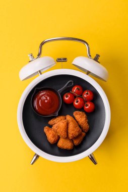 Tavuk nugget, soslu kızarmış yemek. Kaliteli çalar saat üzerinde fast food konsepti