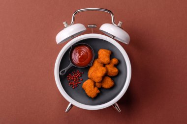 Tavuk nugget, soslu kızarmış yemek. Kaliteli çalar saat üzerinde fast food konsepti