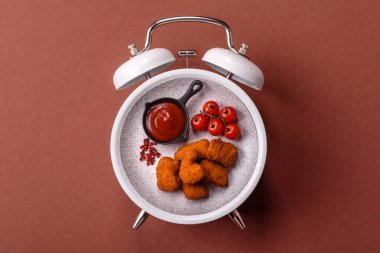 Tavuk nugget, soslu kızarmış yemek. Kaliteli çalar saat üzerinde fast food konsepti