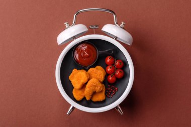 Tavuk nugget, soslu kızarmış yemek. Kaliteli çalar saat üzerinde fast food konsepti