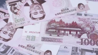 Kuzey Kore parası, kazandı, kağıt banknotlar. Finans ve iş dünyası için kavramsal altyapı