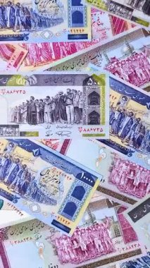 İran kağıt parası, banknotlar, iş ve finansal anlaşmalar için riyal para. Tasarımınız için İran para arkaplanı