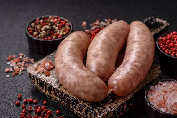 Et ya da domuz etinden yapılmış çiğ et sosisi, barbekü ya da ızgara için taze et. Tasarımınız için arkaplan olarak çiğ sosisler