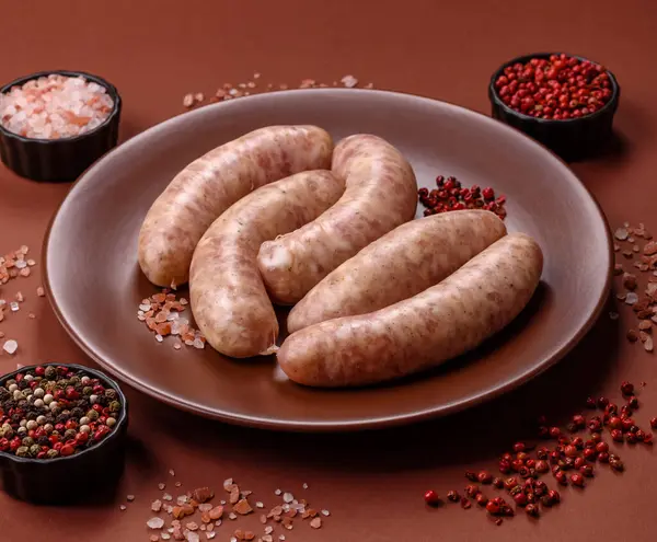 Et ya da domuz etinden yapılmış çiğ et sosisi, barbekü ya da ızgara için taze et. Tasarımınız için arkaplan olarak çiğ sosisler