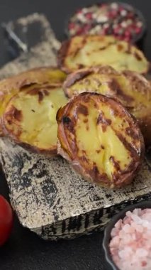 Yiyecek, patates, ikiye bölünmüş ya da ızgara. Fırında patates, tuz ve baharat.