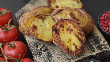 Yiyecek, patates, ikiye bölünmüş ya da ızgara. Fırında patates, tuz ve baharat.