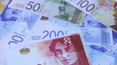 İsrail kağıt parası, banknotlar, iş ve finansal anlaşmalar için şekel para. Tasarımın için İsrail para arkaplanı