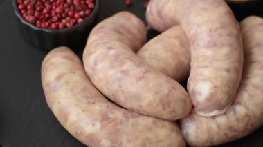 Et ya da domuz etinden yapılmış çiğ et sosisi, barbekü ya da ızgara için taze et. Tasarımınız için arkaplan olarak çiğ sosisler