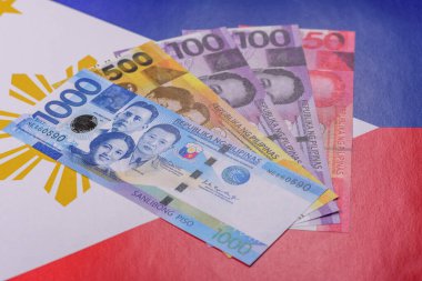 Filipinler parası, peso, kağıt banknotlar, nakit. Filipinler 'de iş yapmak, seyahat etmek için para