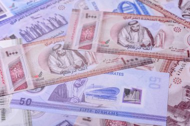 BAE parası, dirhem, kağıt banknot, nakit. İş yapmak, seyahat etmek için Emirlikler