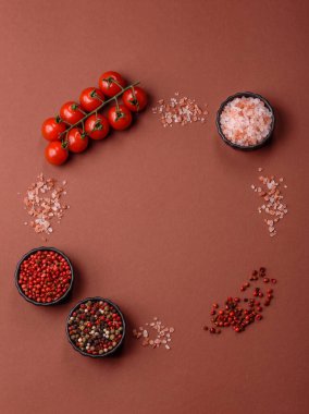 Koyu beton zeminde domates, tuz, baharat ve otlar pişirmek için gerekli malzemeler.