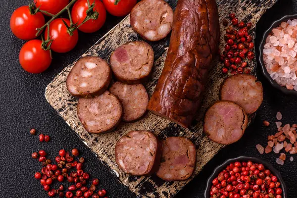 Ev yapımı et ya da tuzlu baharat ve çimento kaplı vejetaryen sosisi. Mangalda pişirilmiş ev yapımı sosis.