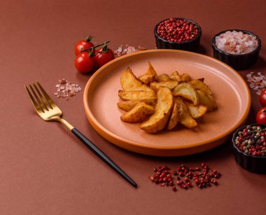 Biberiye, peynir, tuz ve baharatlı ızgara patates dilimleri. Koyu beton zeminde fırında patates dilimleri.