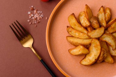 Biberiye, peynir, tuz ve baharatlı ızgara patates dilimleri. Koyu beton zeminde fırında patates dilimleri.
